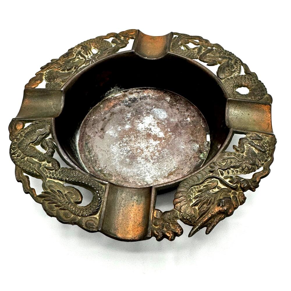 VTG Bronze Copper Dragon Ashtray 5” Asian Motif Good Patina